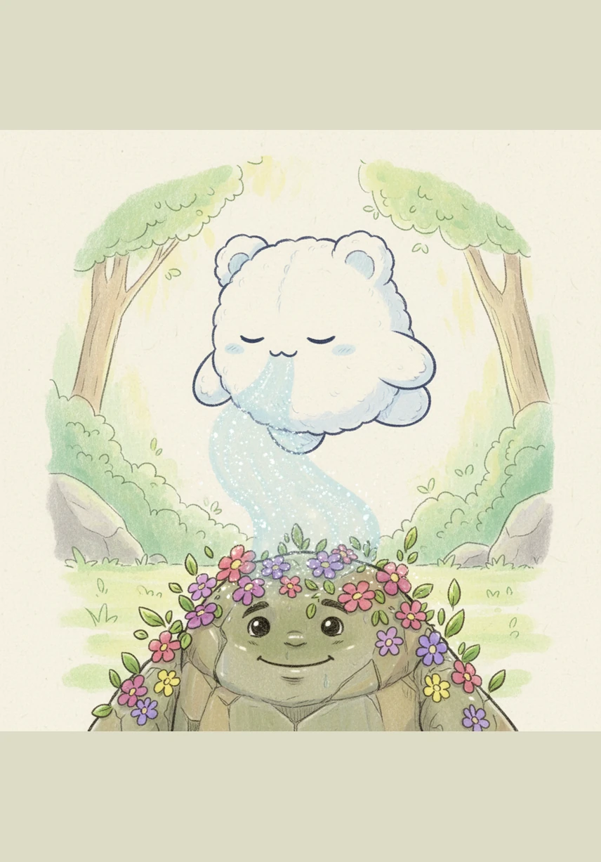 Nimbus relaxes and lets out a soft, gentle breath that turns into a shimmering, sparkly mist. The tiny flowers below wiggle their leaves and drink in the cool, refreshing moisture, smelling sweeter than ever before.
