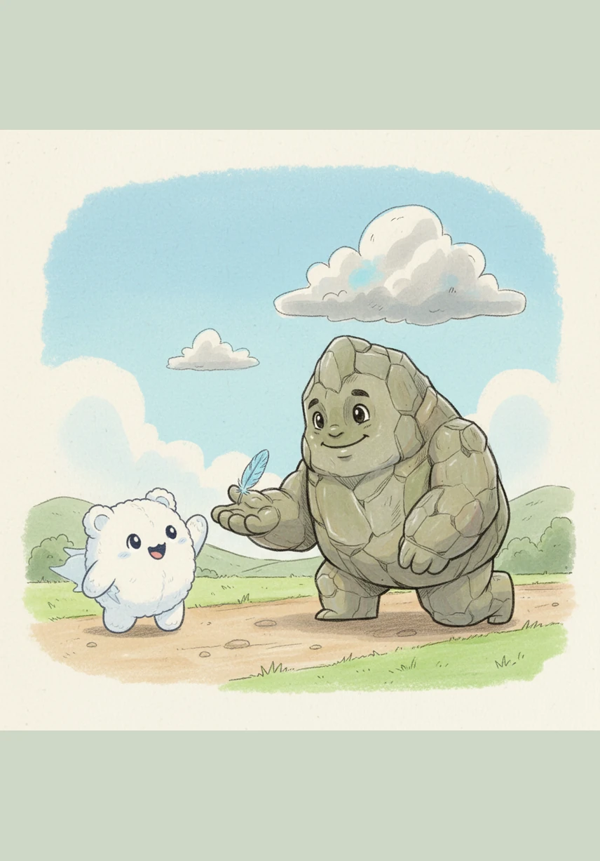 Surrounded by glowing sparkles and happy flowers, Nimbus waves a fluffy hand to his new mountain friend. He feels super happy because he finally knows that being exactly who he is is a wonderful thing.