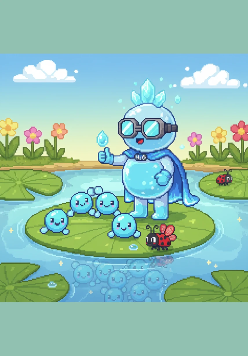 Abby is a tiny, sparkling water molecule living in the vast, deep blue ocean. She loves bobbing up and down on the gentle waves while the colorful fish swim happily beneath her.