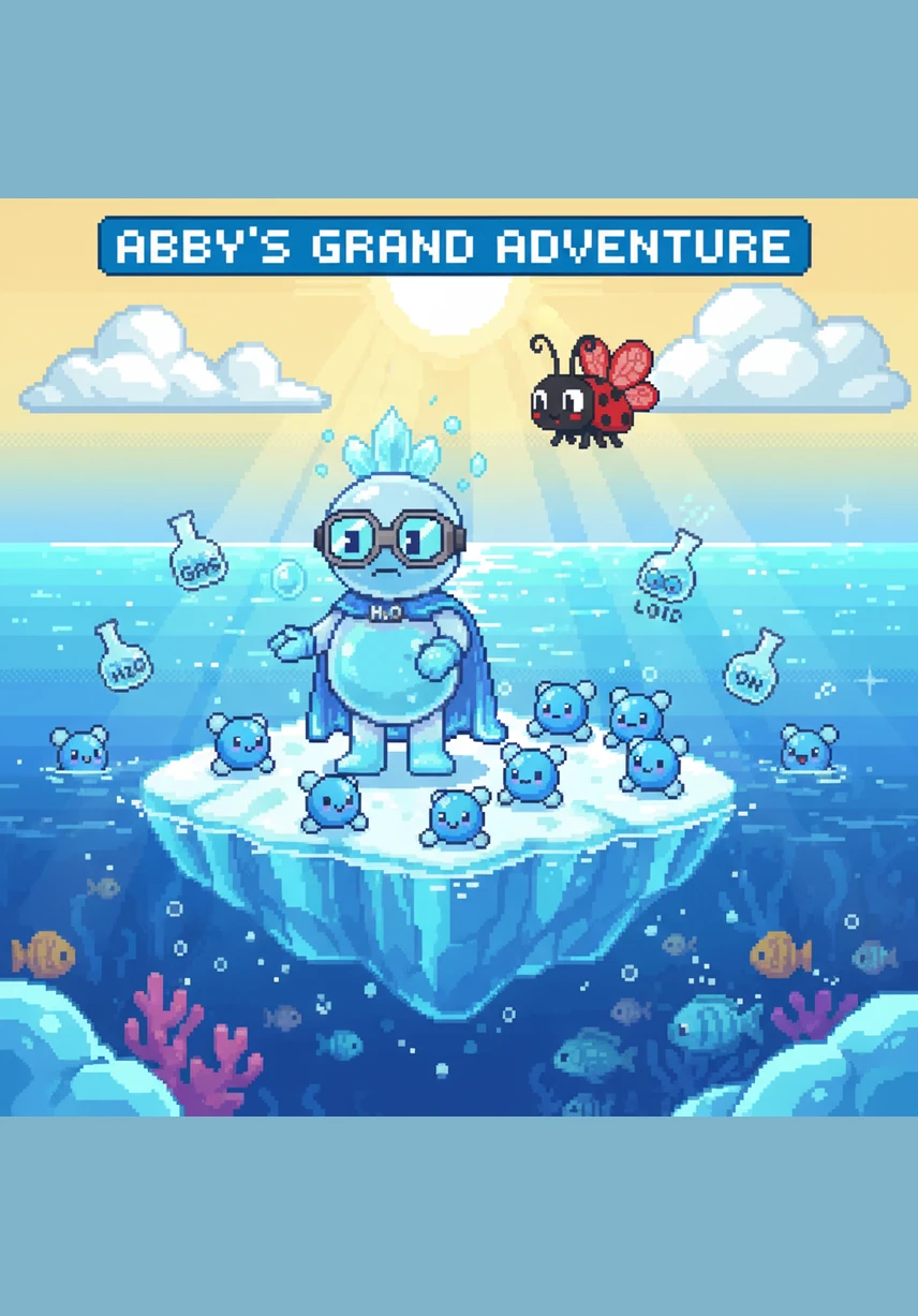 One bright morning, the golden sun shines its warm rays directly onto the ocean surface. Abby feels lighter than air and begins to drift upward, turning into invisible vapor as she starts her journey toward the sky.