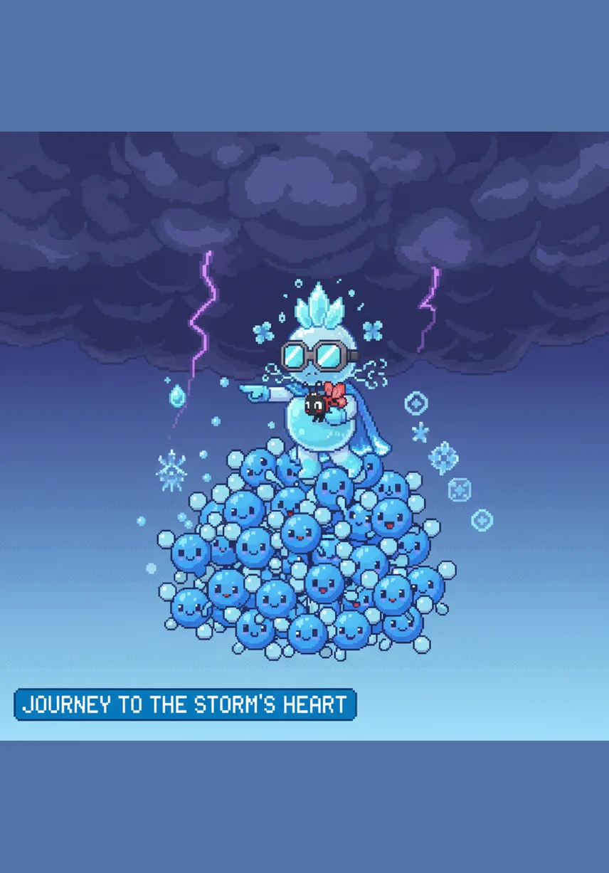 High above the earth, the air grows chilly, and Abby meets thousands of her water molecule friends. They huddle close together to stay warm, forming a giant, fluffy white cloud that drifts across the blue sky.