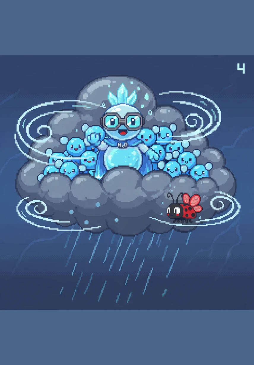 As more molecules join the group, the cloud becomes heavy, thick, and dark gray. Abby feels a tingle of excitement as the wind whistles around them, preparing for something big to happen.