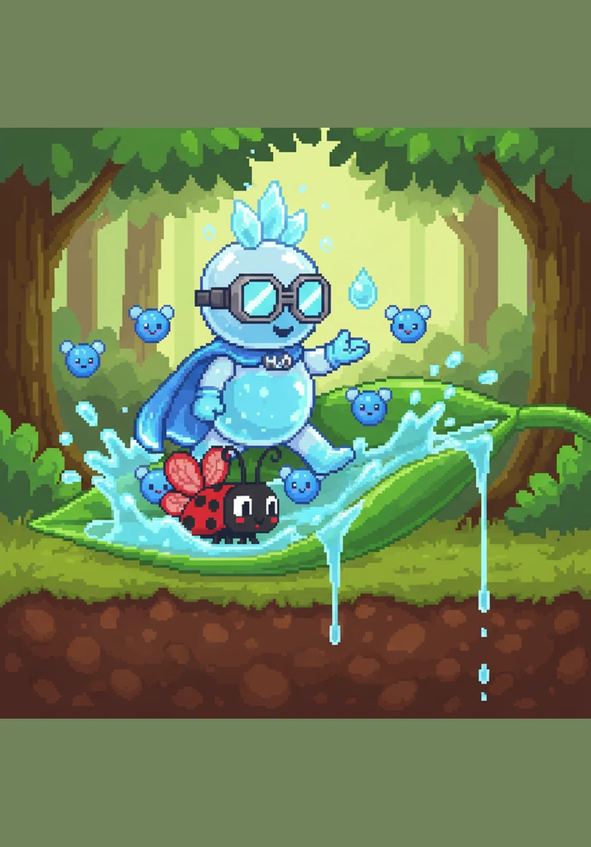 Abby lands with a soft splash on a vibrant green leaf in the middle of a lush forest. She slides down the slippery surface, giving a tiny ladybug a gentle, watery ride before dripping onto the soft soil.
