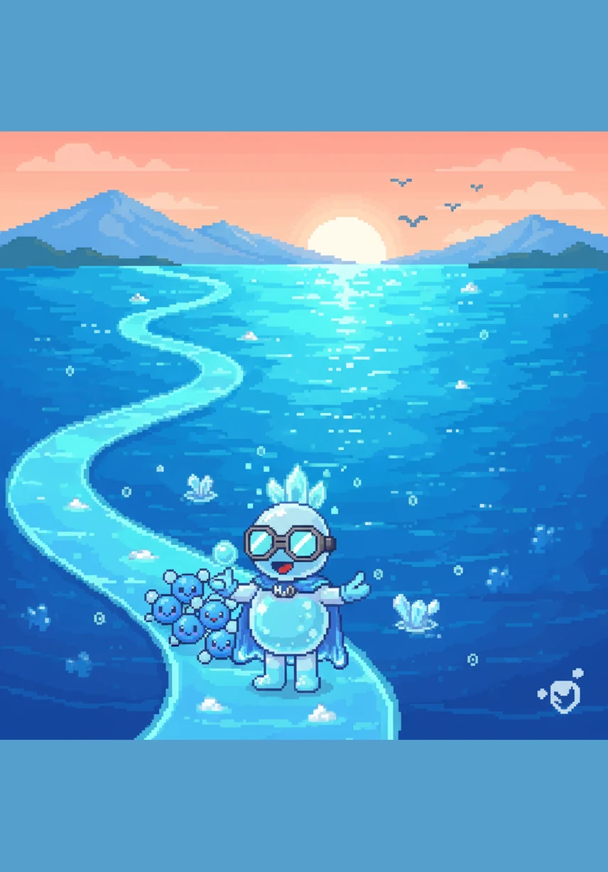 After a long and winding journey, the river finally carries Abby back to the salty, shimmering ocean. She recognizes the familiar waves and feels a sense of peace as she returns to her wide, watery home.