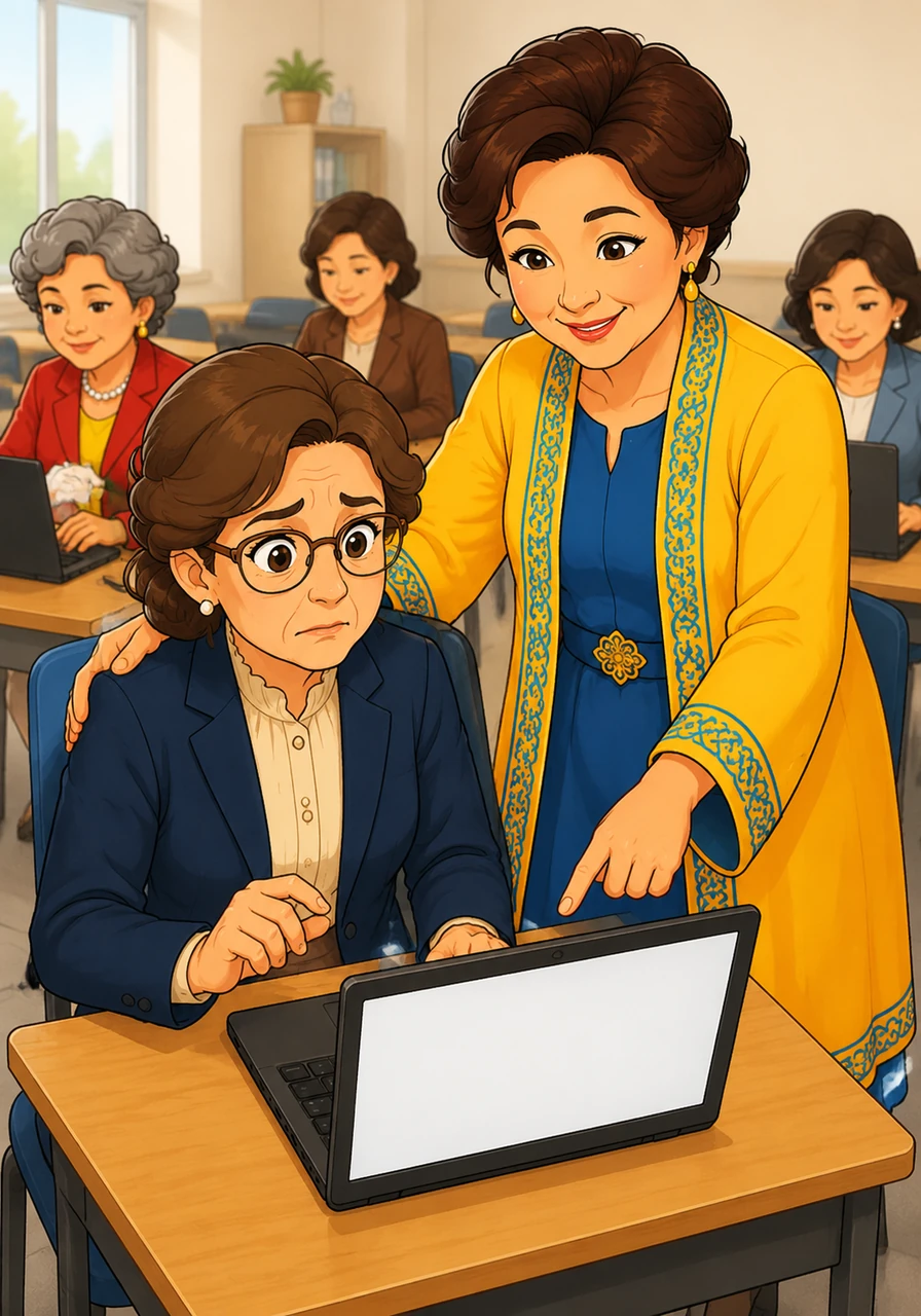 The journey began with small, hesitant steps as the teachers opened empty presentation software on their laptops, their fingers trembling over the keys. Almagul Seitzhanovna walked down the aisles, placing a reassuring hand on Elena's shoulder, guiding her through the very first commands of a bright new digital landscape.