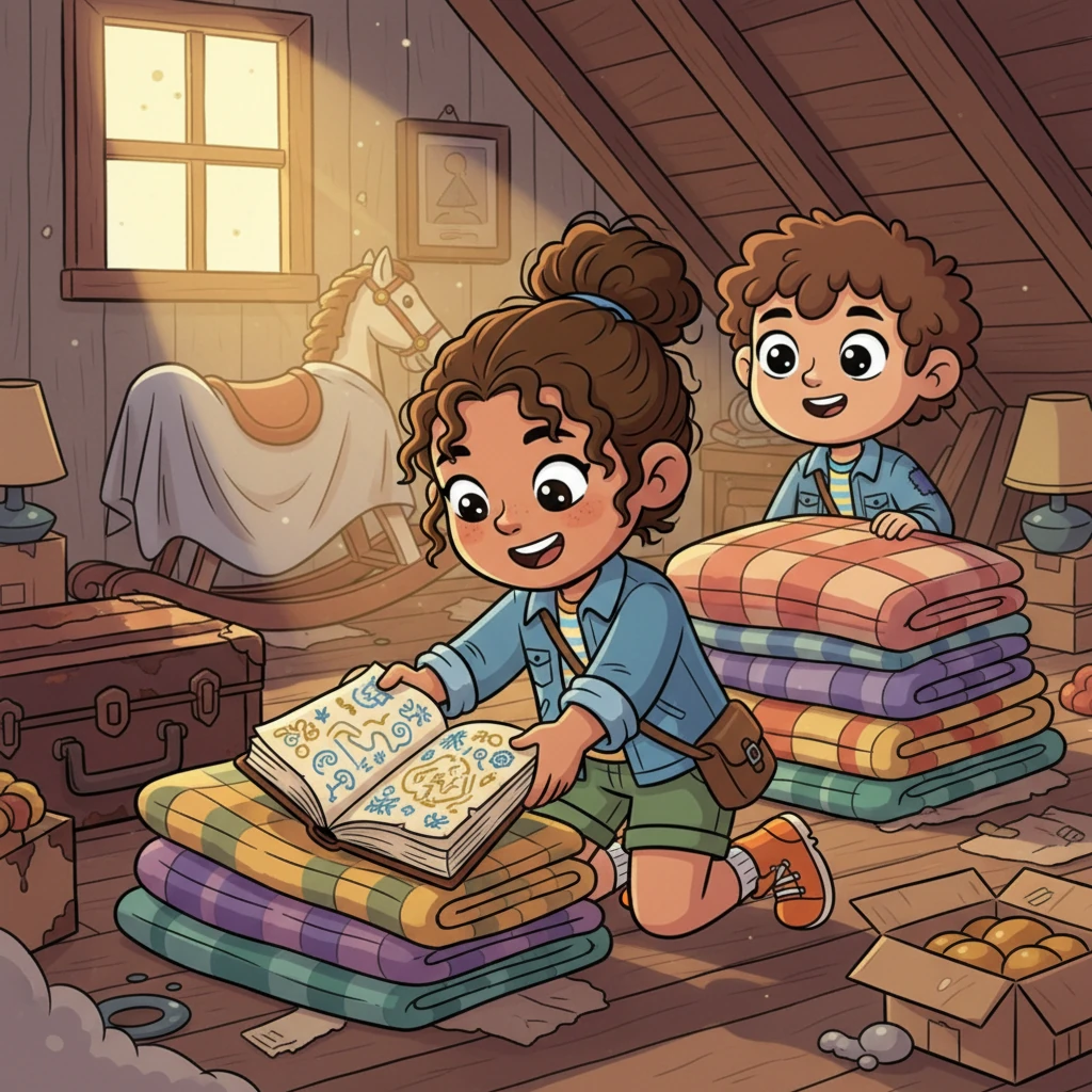 One sunny afternoon, while exploring the dusty, treasure-filled attic, AJ stumbled upon an old, leather-bound journal tucked beneath a stack of forgotten blankets. Its brittle pages were filled with intricate drawings of swirling symbols, curious maps, and cryptic notes that seemed to hint at the forest's deepest secrets.
