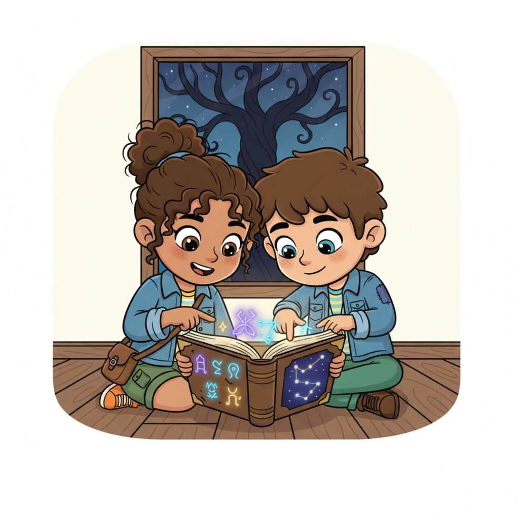 AJ eagerly showed TC the journal, their heads soon bent together over its mysterious contents. They traced the strange, glowing symbols with their fingers, noticing how some patterns seemed to mirror the gnarled branches outside their window, and others looked like constellations only visible in the deepest night. A tiny spark of adventure flickered in their eyes.