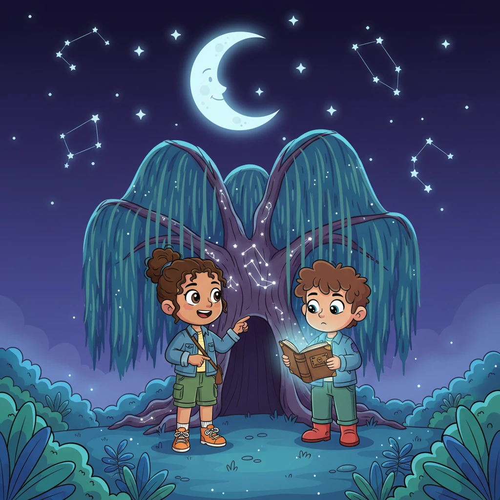 As they delved deeper, a particular page caught their attention, depicting a hidden grove bathed in moonlight, accessible only when the stars aligned just so. The journal hinted at a "Whispering Willow" that held a secret, a secret that would only reveal itself under the cloak of night. Their hearts thumped with a mix of excitement and trepidation.