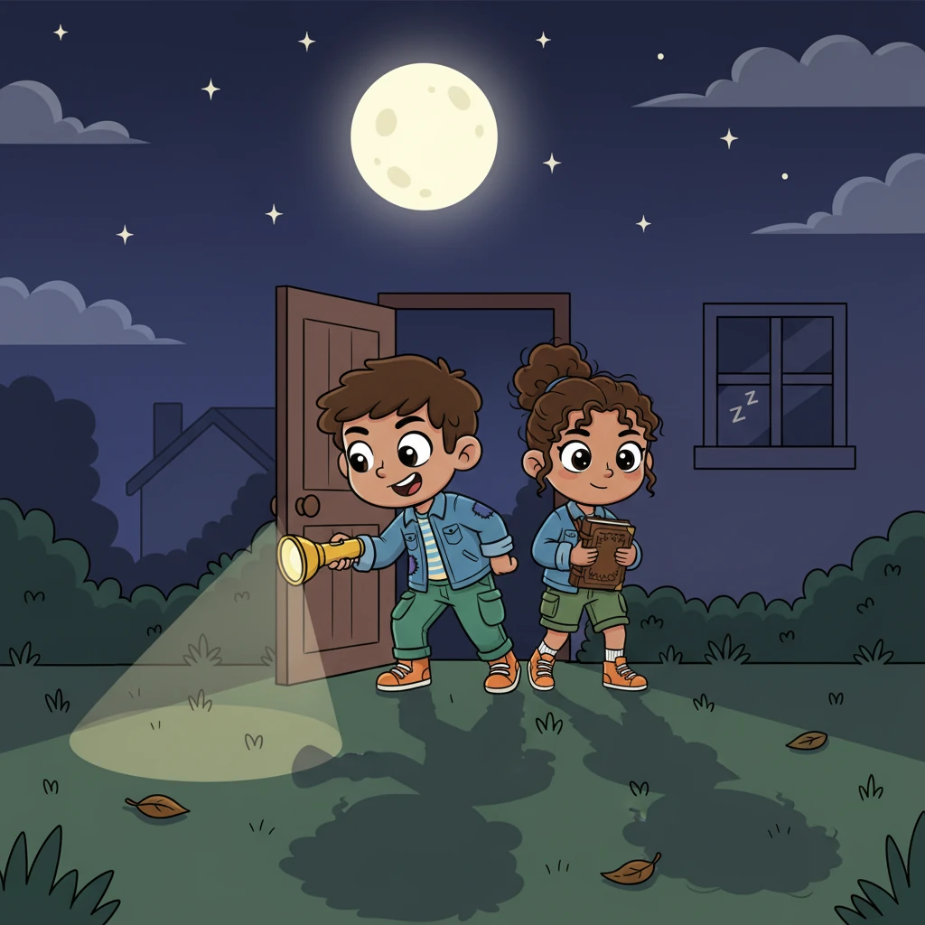 Despite Uncle Ron's firm warning echoing in their ears, the journal's allure was too strong. That evening, as the moon climbed high and Uncle Ron snored softly, AJ, with his trusty flashlight, and TC, clutching the ancient journal, tiptoed out the back door, their shadows stretching long and thin into the twilight.