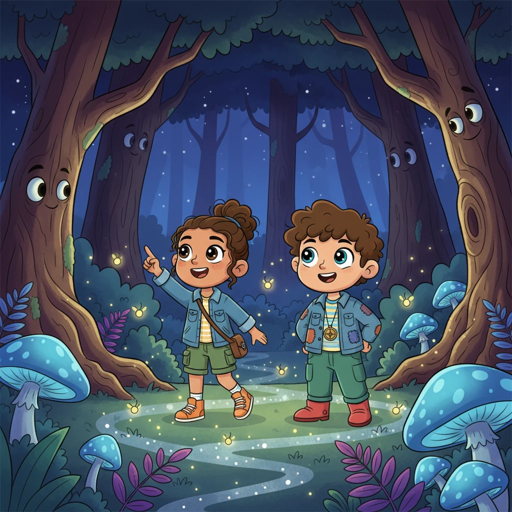 The forest at night was a completely different world, alive with soft rustles, gentle chirps, and the sweet scent of damp earth. Moonlight filtered through the canopy, painting shimmering silver paths on the forest floor, and ancient trees seemed to watch them with wise, silent eyes. It felt both a little spooky and utterly magical.
