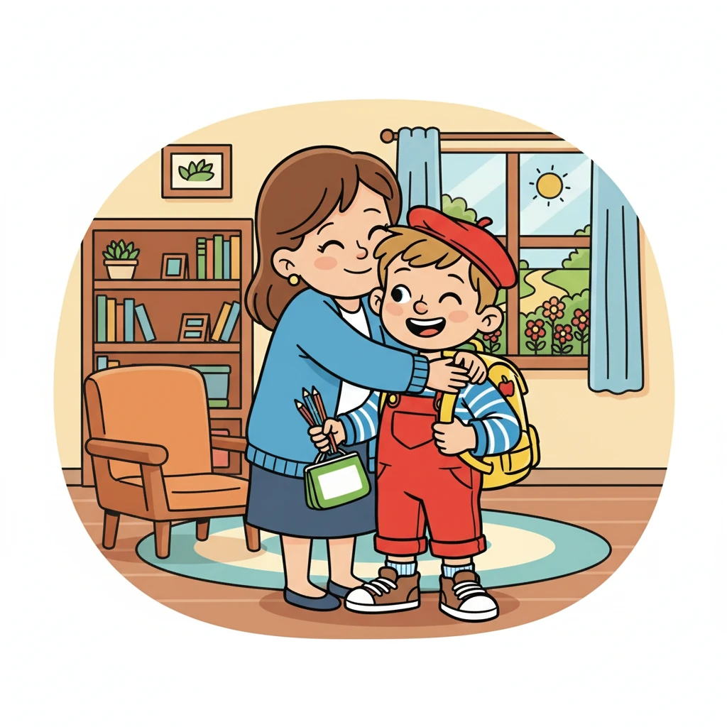 Il prit son sac à dos, rempli de crayons de couleur et d'un cahier tout neuf. Sa maman lui fit un gros câlin et lui dit : « Amuse-toi bien, mon chéri ! » Samuel sourit et partit, le cœur battant la chamade.