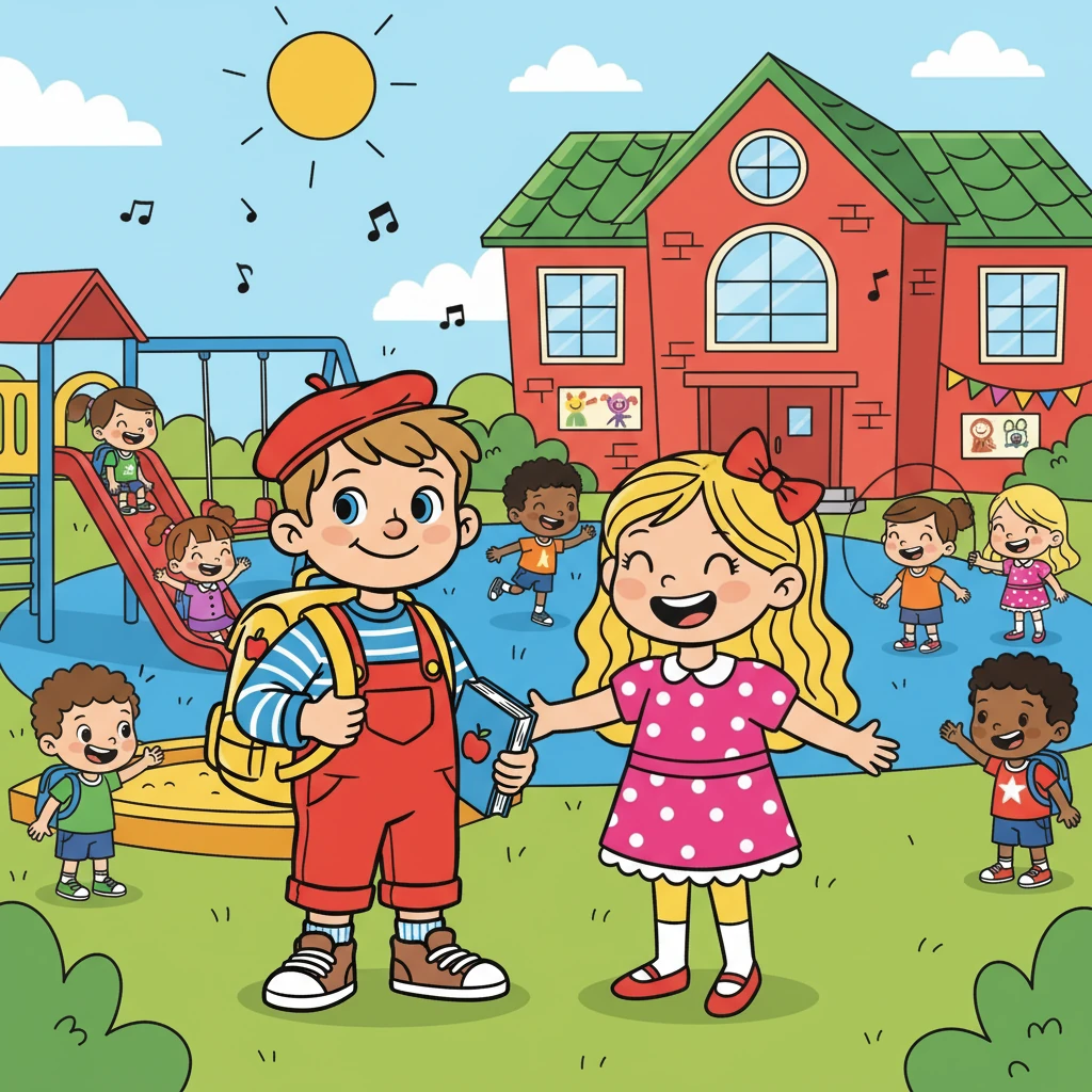 À l'école, Samuel découvrit une cour de récréation animée et colorée. Des enfants jouaient, riaient et chantaient. Il rencontra Léa, une petite fille aux longs cheveux blonds, qui lui fit un grand sourire et l'invita à jouer avec elle.