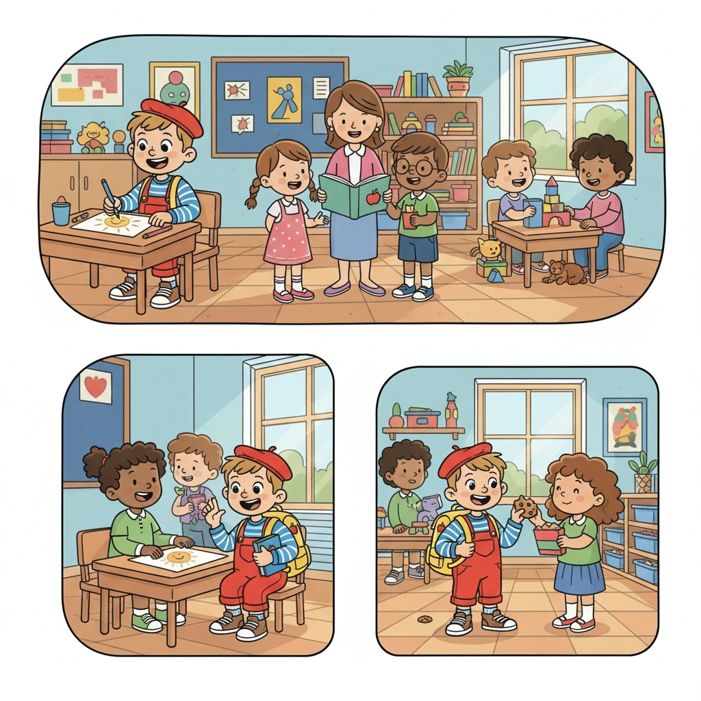 Dans la classe, Samuel apprit plein de choses intéressantes. Il dessina, chanta et écouta attentivement les histoires de sa maîtresse. Il se fit de nouveaux amis et partagea ses goûters avec eux.