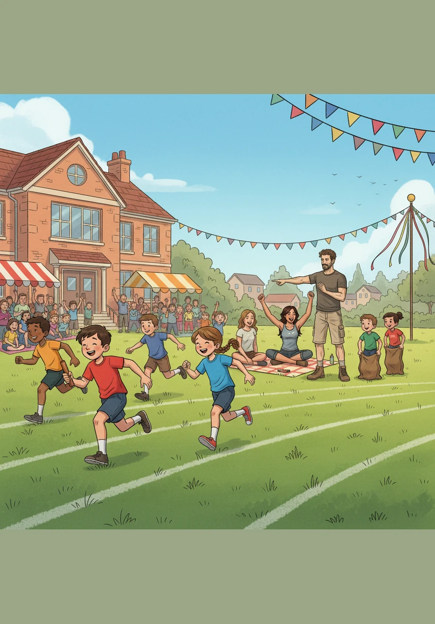 The sun shines brightly over the school field, decorated with colorful banners and fluttering flags for the annual Sports Day. Maya stands at the starting line of the race, her heart fluttering with excitement as she waves to her dad standing in the cheering crowd.