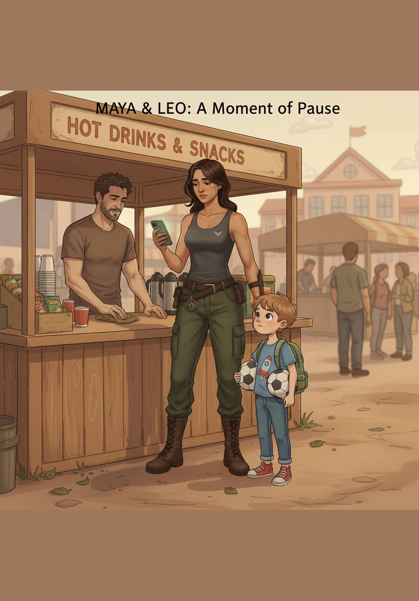 Near the refreshment stand, Maya watches Chloe sharing a slice of orange with two tall men who both lean in to give her a high-five. A cloud of curiosity crosses Maya’s face as she tries to understand why every family she sees today seems to have a different shape.