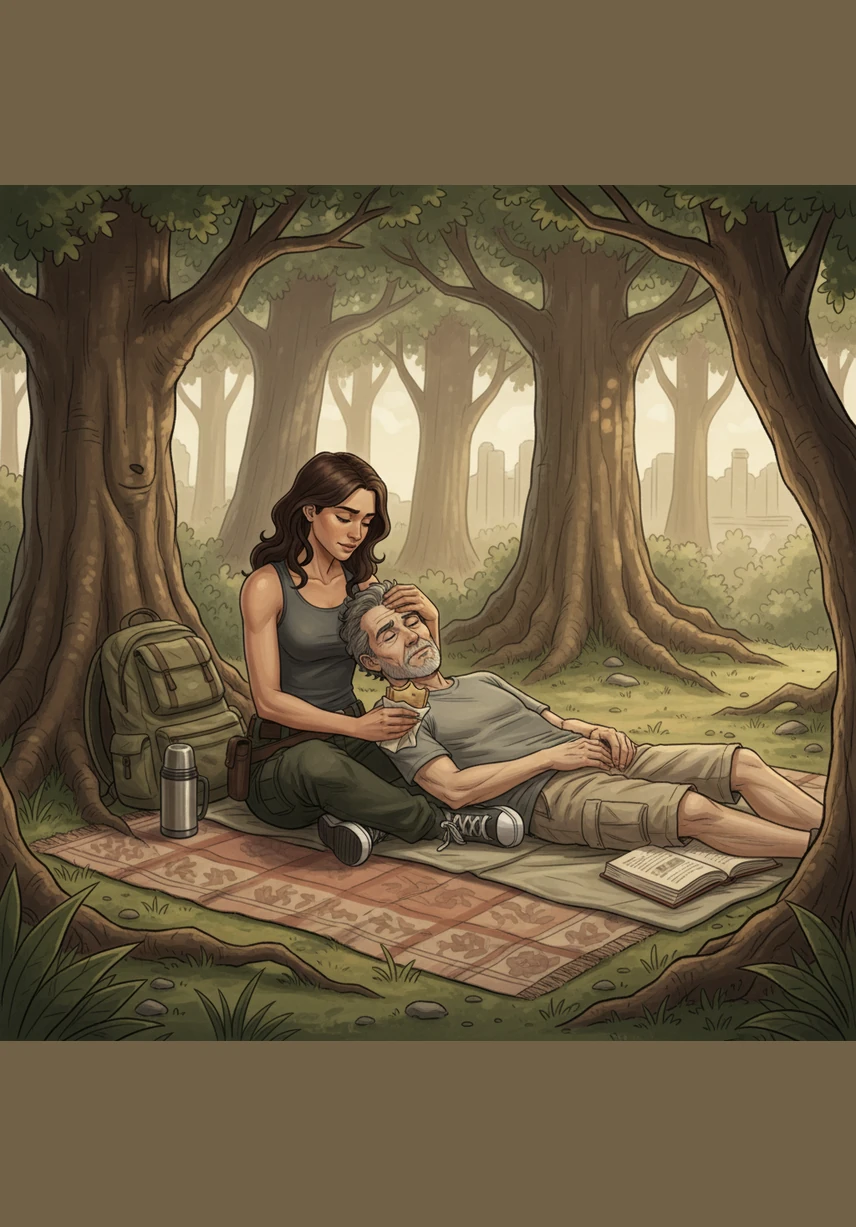 During the lunch break, Maya sits on a picnic blanket with her dad and quietly asks why Leo has two moms and why Sarah lives with her grandma. Her voice is soft and inquisitive, reflecting the puzzle she is trying to piece together in her mind.