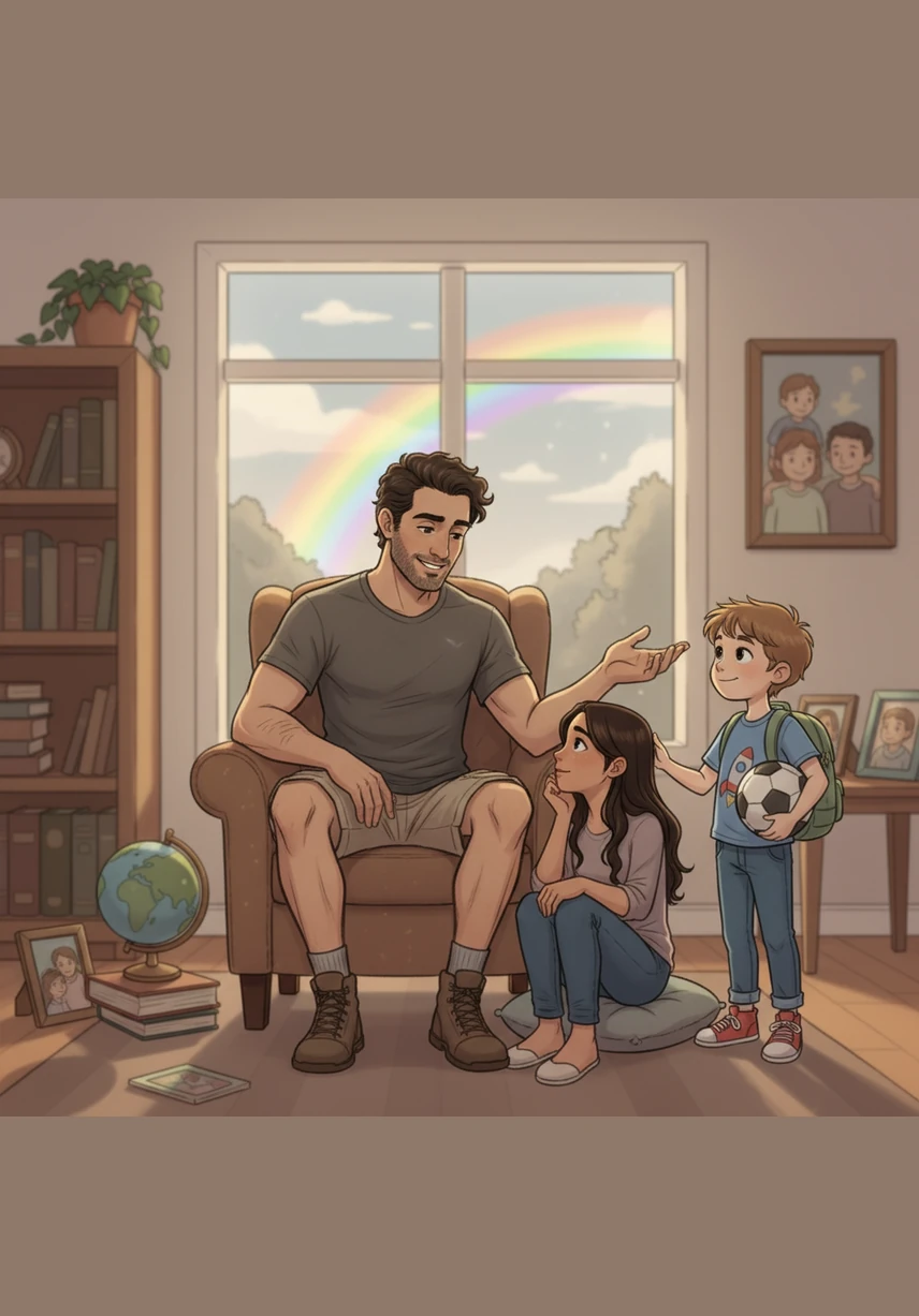 Her dad smiles warmly and explains that a family isn't defined by who is in it, but by the care and support they give to one another. He tells her that just like the different colors in a rainbow, every family adds its own unique beauty to the world.