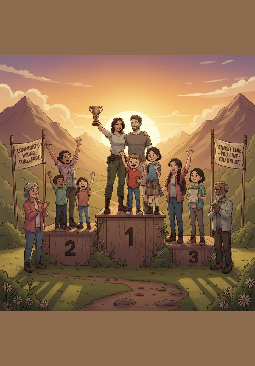 As the sun begins to set, all the families gather together for a final group photo on the winner's podium. Maya stands tall and proud among her friends, realizing that while every family looks different on the outside, they are all built on the same foundation of love.