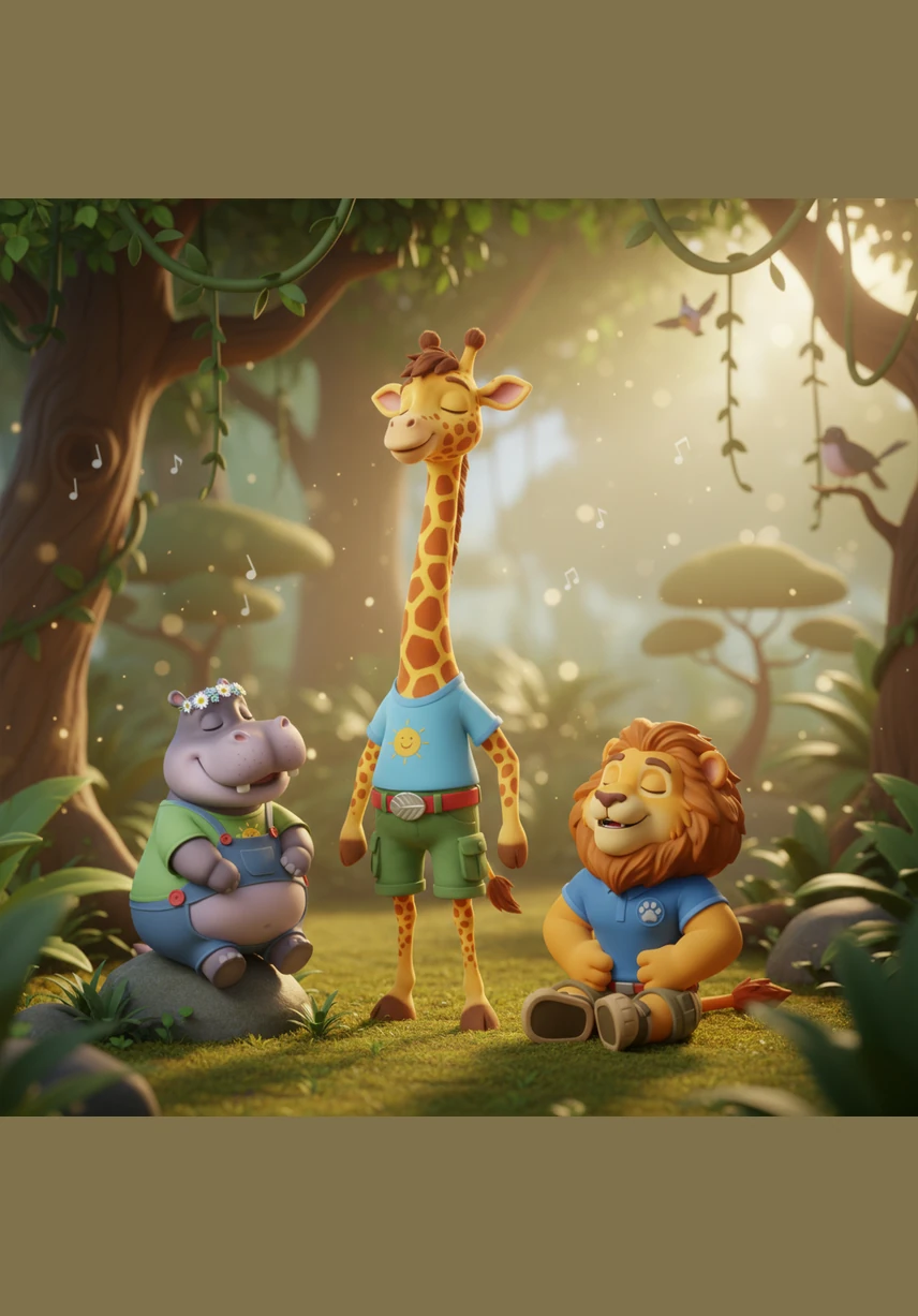 As they reach a quieter area, Gerry the Giraffe feels a wave of calm wash over him. The air is still, the sun glows softly through the leaves, and the gentle chirping of birds fills the afternoon air, making everything feel peaceful.