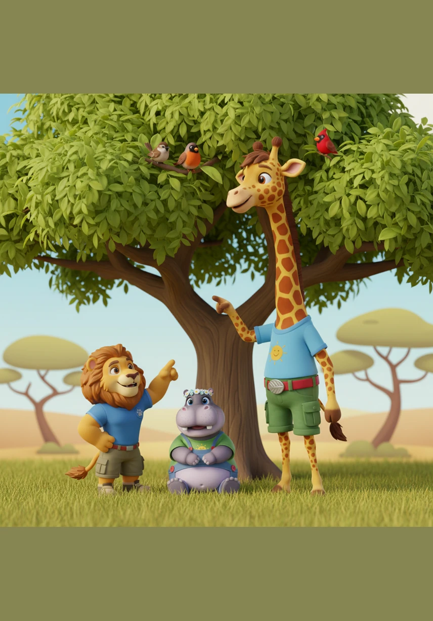 Gerry uses his long neck to peer deep into the highest branches where the others can't see. He identifies a sparrow, a robin, and a bright red cardinal tucked away behind the green leaves, teaching his friends their names.