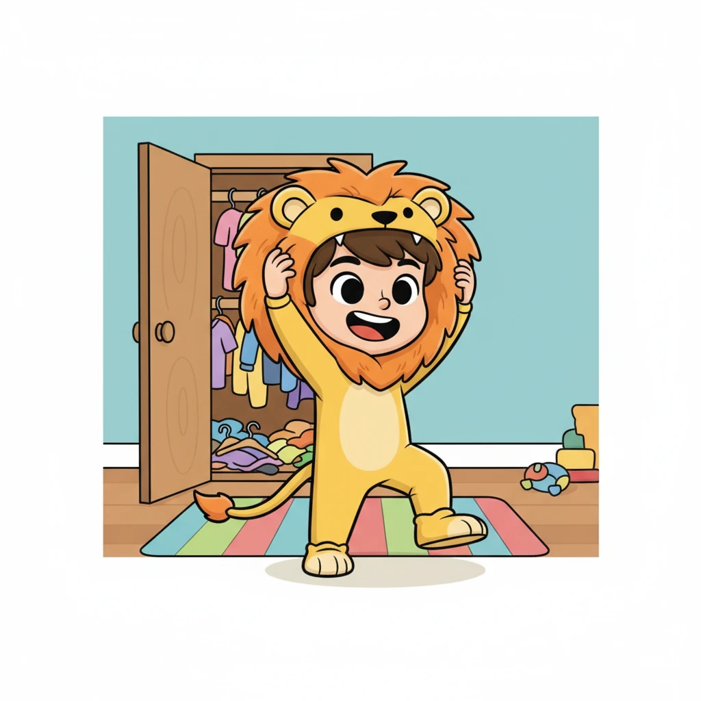 אורי ממהר לארון ומוציא את התחפושת המיוחדת שלו – תחפושת אריה אמיץ! הוא לובש אותה במהירות, עם רעמת פרווה גדולה וזנב מתנדנד. הוא מרגיש כמו מלך הג'ונגל.