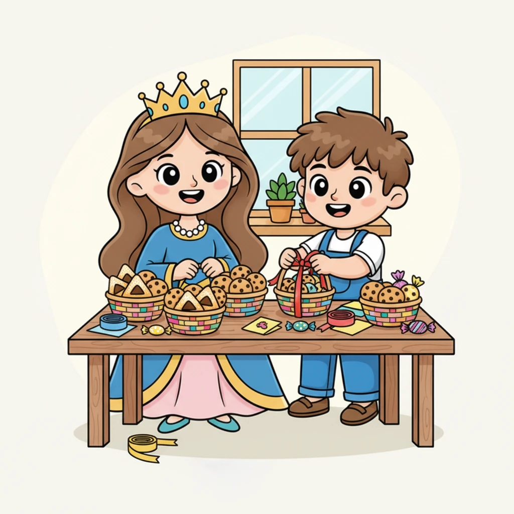 אמא ואורי מכינים יחד משלוחי מנות צבעוניים. הם ממלאים סלסלות קטנות בעוגיות מתוקות, אוזני המן טעימות וסוכריות מבריקות. אורי עוזר לקשור סרטים יפים סביב כל משלוח.