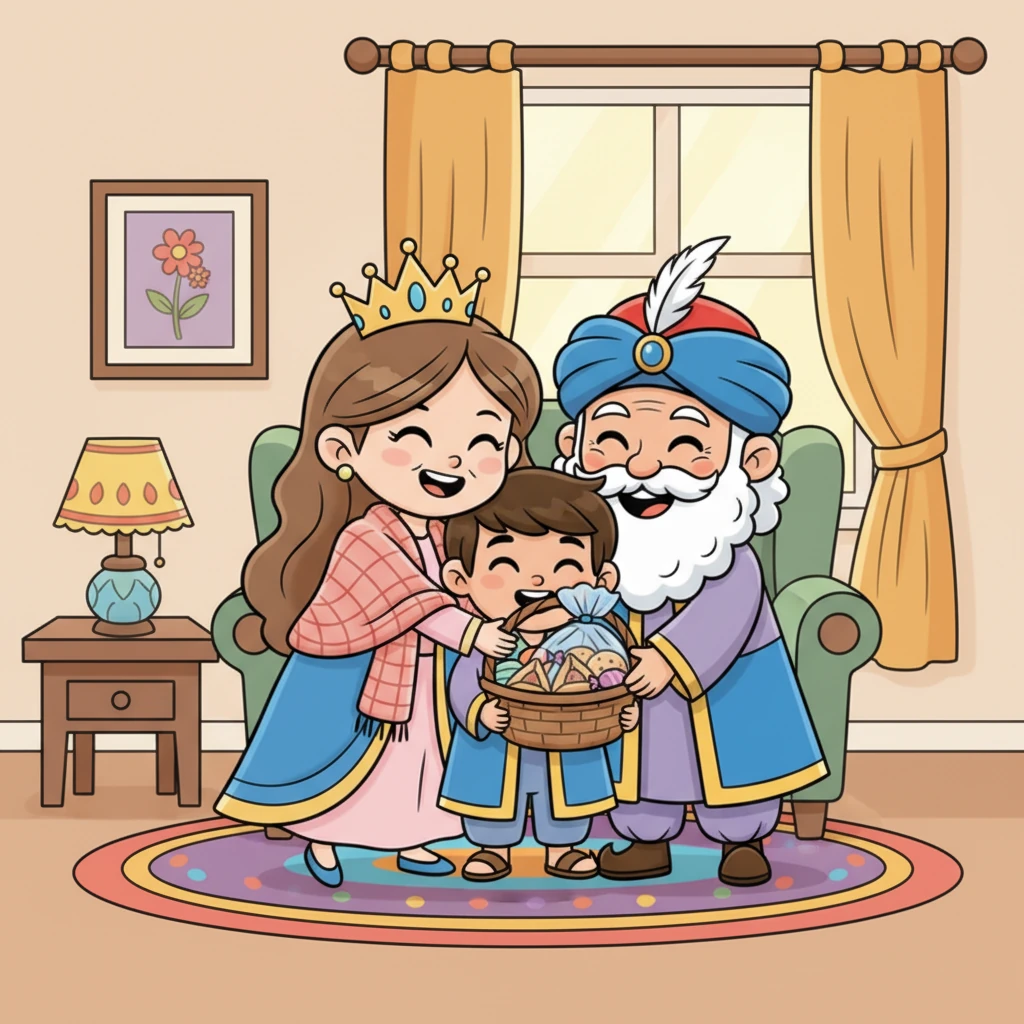 אחרי קריאת המגילה, אורי הולך לבקר את סבתא וסבא. הוא מגיש להם את משלוח המנות שהכין, ופניהם של סבתא וסבא מאירות משמחה. הם מחבקים את אורי חזק חזק.