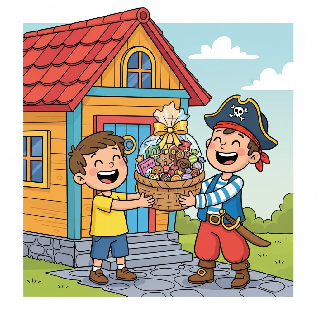 כשחוזרים הביתה, פעמון הדלת מצלצל! זהו חברו הטוב של אורי, יונתן, מחופש לפיראט. יונתן מביא לאורי משלוח מנות ענק מלא הפתעות. הם מחליפים חיוכים וצוחקים ביחד.