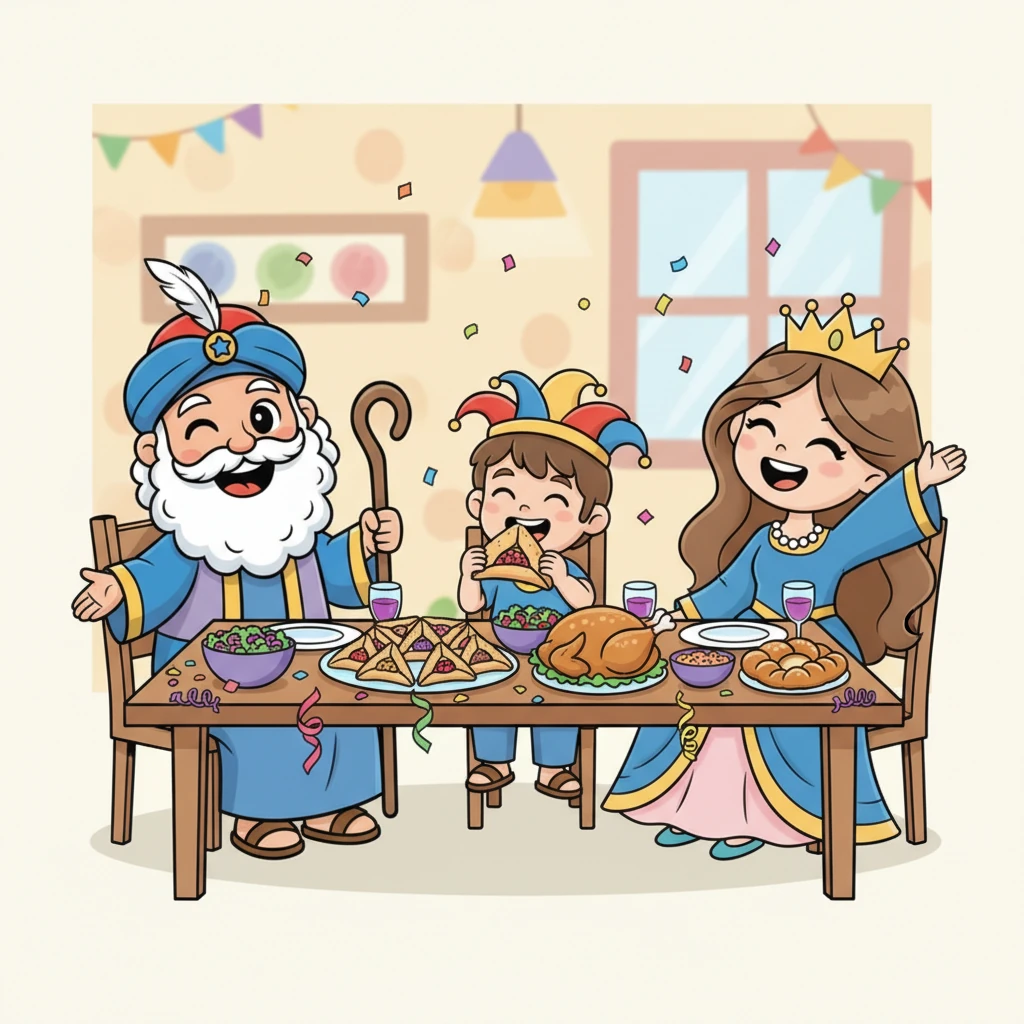 המשפחה מתכנסת לארוחת פורים חגיגית. השולחן ערוך במאכלים טעימים וצבעוניים, ואורי יושב ליד אבא ואמא. כולם שמחים ומספרים בדיחות מצחיקות.