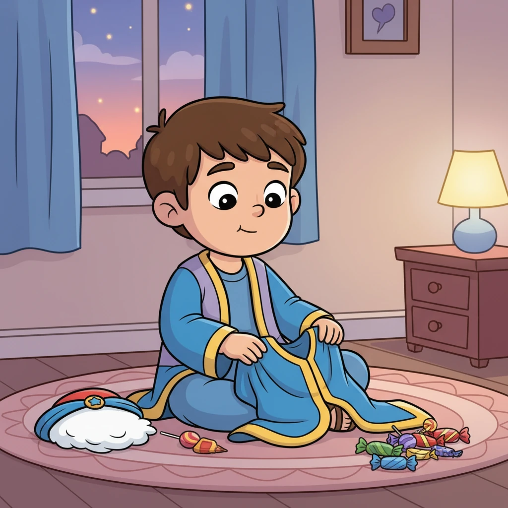 לקראת ערב, אורי כבר עייף אך מרוצה. הוא מוריד את תחפושתו ומניח אותה בזהירות. הוא חושב על כל החברים, הממתקים והצחוק של היום המיוחד הזה.