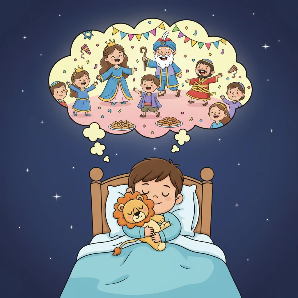 אורי שוכב במיטתו, מחובק עם בובת האריה שלו. הוא עוצם עיניים וחולם חלומות מתוקים על פורים צבעוני, מלא שמחה, חברים טובים ומשפחה אוהבת. איזה חג נפלא!