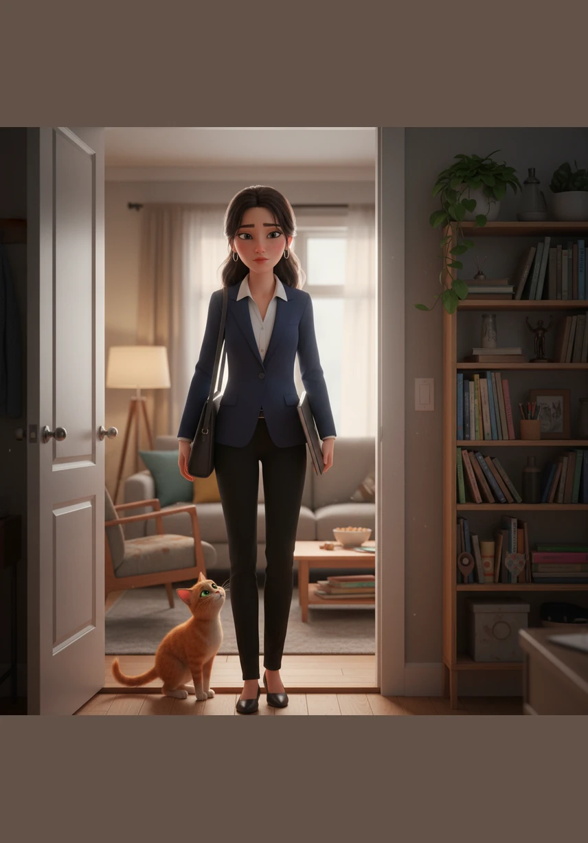 Elena pushes the front door open, her shoulders slumped from a long and demanding day at the office. Dressed in her professional work attire, she carries heavy bags of groceries, her face reflecting the deep exhaustion of a busy city life.