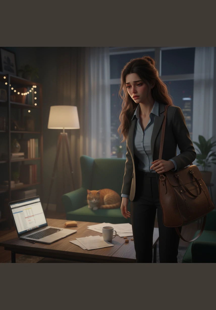 She clicks the door shut behind her, finally safe within the comfort of her own home. With a weary sigh of relief, she sets the heavy grocery bags down on the hardwood floor and leans against the door for a brief, quiet moment.
