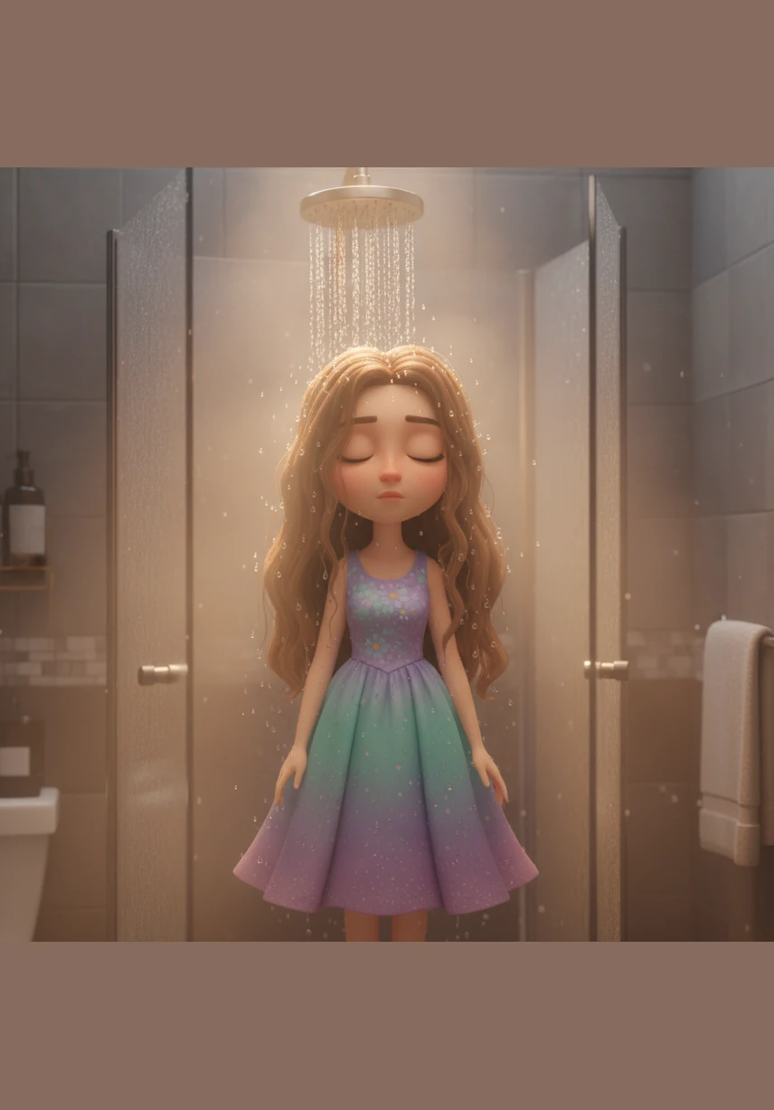 Steam fills the bathroom as Elena stands under the warm, cascading spray of the shower. She closes her eyes and lets the water soothe her aching muscles, quieting her mind after the day's frantic pace.