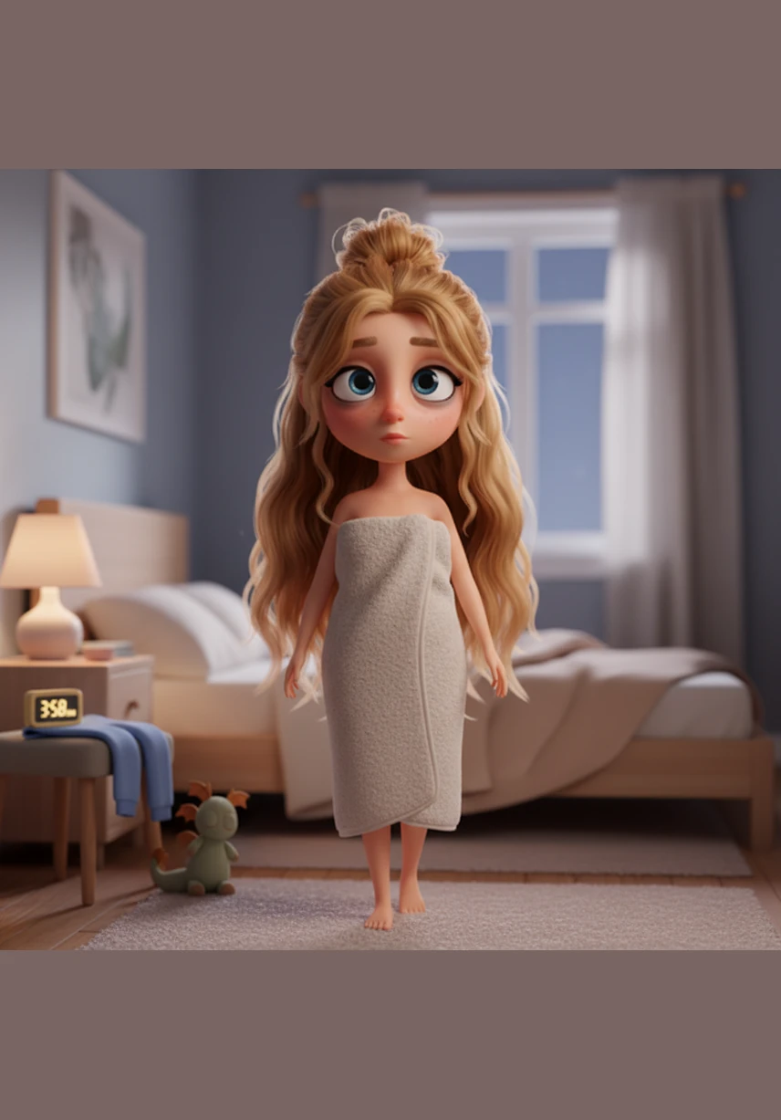 Wrapped snugly in her soft towel, she walks back into her bedroom with a refreshed glow. The quiet of the late night surrounds her as she moves through the final steps of her evening ritual.