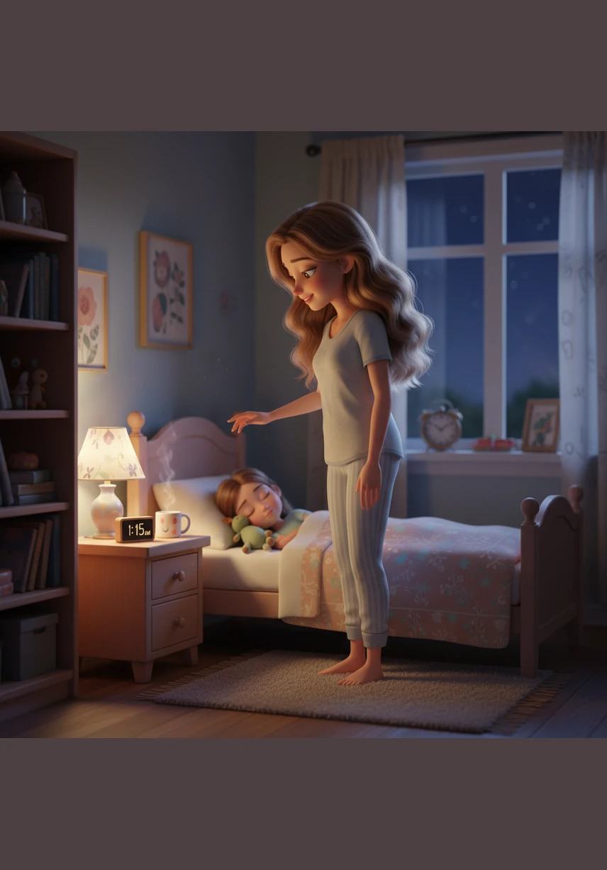 After slipping into her favorite comfortable t-shirt and pajama pants, Elena finally sinks into her soft bed. She pulls the warm blanket up to her chin and closes her eyes, drifting into a deep and peaceful sleep.