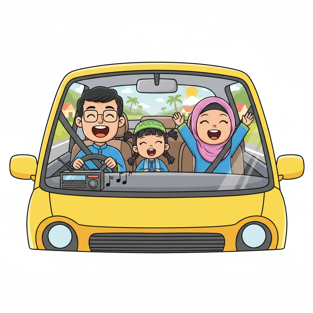 The family car, bursting with excitement, zoomed down the highway towards their hometown for Hari Raya Aidilfitri. Suddenly, a lively Malik Kampung song filled the air from the radio, and everyone – Dad, Mom, big sister Aina, and little Imran – joined in, singing loudly with big smiles. Their joyful car karaoke was abruptly interrupted when Imran, bouncing in his seat, suddenly shrieked, "I need to pee NOW!"