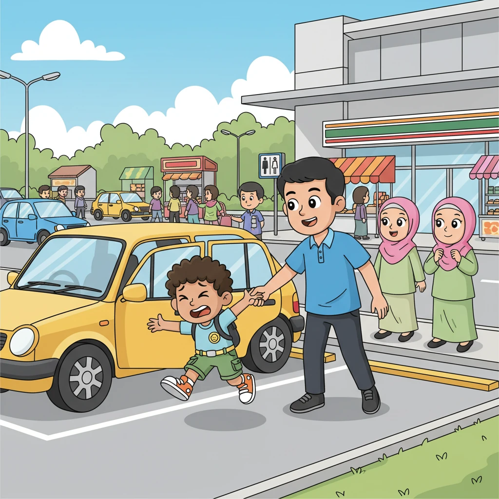 Dad quickly spotted a sign for the Genting Sampah R&R and expertly turned the car into the bustling rest stop. As soon as the car stopped, Imran practically leaped out, holding his tiny hands in front of him. Dad, chuckling, swiftly led his son towards the restroom, while Mom and Aina, with a shared twinkle in their eyes, immediately began their quest for Granny's famous Raya cookies inside the shop.