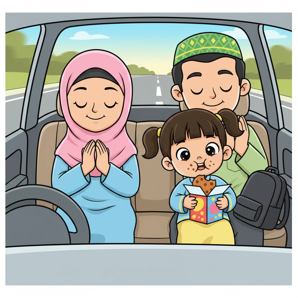 After Imran's urgent mission was accomplished and a box of delicious cookies was secured, Mom and Dad found a quiet moment for their prayers in the clean, peaceful prayer room. Aina and Imran waited patiently, giggling softly as they shared a cookie. Soon, refreshed and ready, the family piled back into their car, resuming their delightful journey along the highway, the sweet anticipation of Raya filling the air once more.