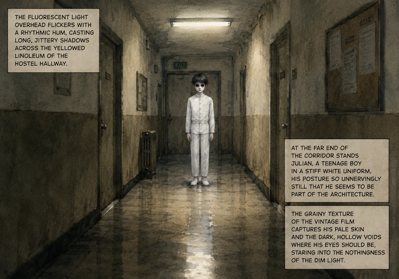 The fluorescent light overhead flickers with a rhythmic hum, casting long, jittery shadows across the yellowed linoleum of the hostel hallway. At the