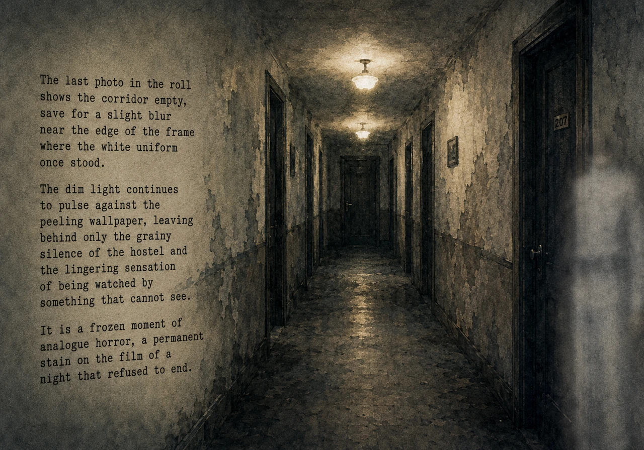 The last photo in the roll shows the corridor empty, save for a slight blur near the edge of the frame where the white uniform once stood. The dim lig
