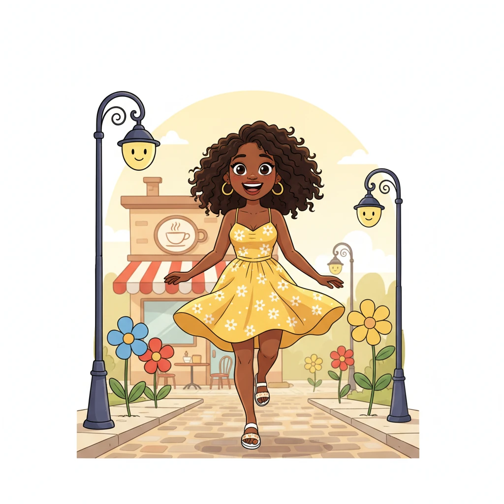 A vibrant cartoon illustration shows Amara, a beautiful Black woman with a wide, joyful smile and sparkling eyes, skipping down a sun-drenched street. Her bright yellow sundress billows playfully as she moves, surrounded by exaggerated, cheerful flowers and whimsical lampposts. She's heading towards a charming cafe, radiating pure happiness and anticipation.