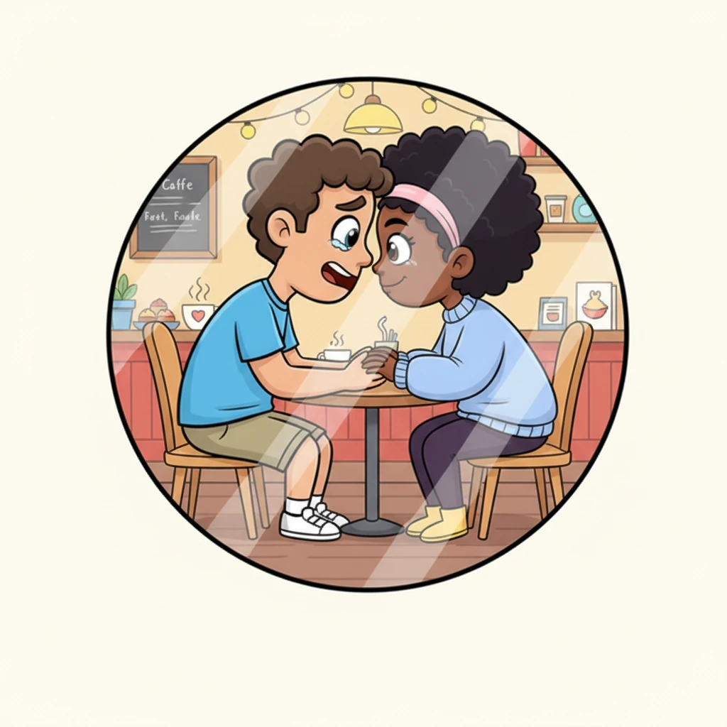 The illustration zooms in on Amara's face as her joyful expression dramatically shifts to shock and disbelief. Through the large, clear window of the cozy cafe, her husband and best friend are visible, leaning close together with conspiratorial smiles, their hands intertwined. The vibrant colors of the cafe interior seem to mock the sudden pallor on Amara's face.