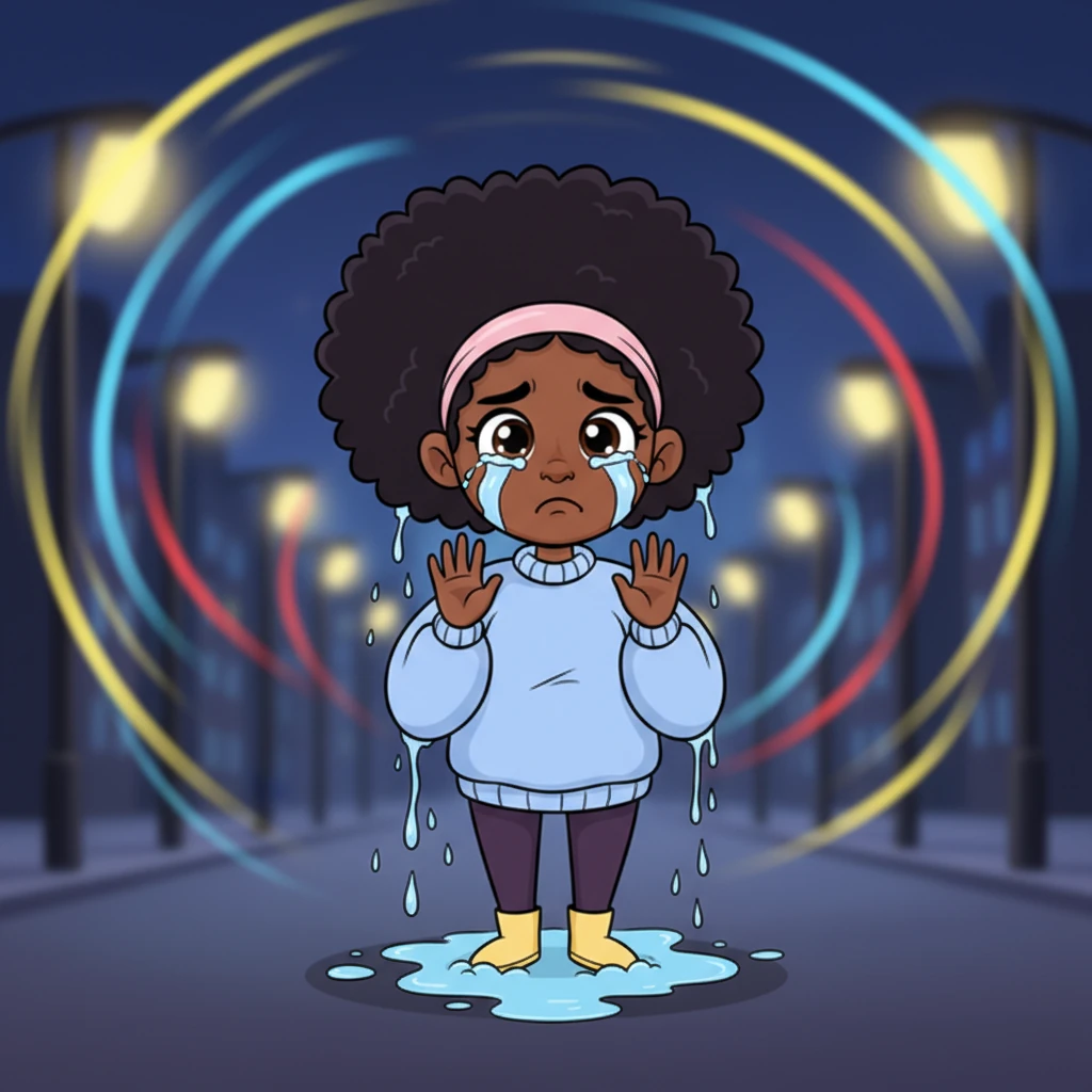 Amara's face is a canvas of overwhelming sadness, her big, expressive eyes now overflowing with enormous, cartoonish tears that stream down her cheeks like tiny rivers. Her shoulders are hunched, and her mouth is a downturned curve, conveying profound heartbreak. The bright street lights behind her blur into streaks of color, mirroring her internal turmoil.