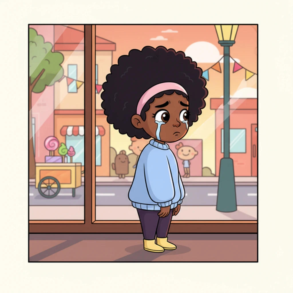 With a heavy heart, Amara turns away from the cafe window, her silhouette slumped against the vibrant backdrop of the bustling street. A single, glistening tear hangs delicately on her cheek, reflecting the harsh light of the setting sun. The playful elements of the street now feel distant and indifferent to her pain.
