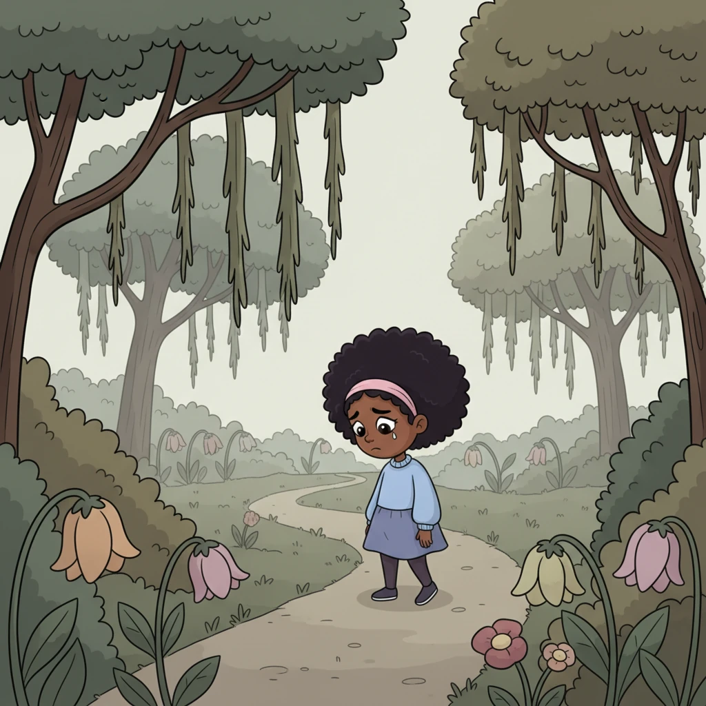 Amara walks slowly down a winding path, her head bowed low, her colorful dress now seeming dull against the muted tones of the surroundings. The exaggerated trees and flowers that once seemed cheerful now droop slightly, reflecting her profound sadness. Her path stretches out before her, empty and uncertain.