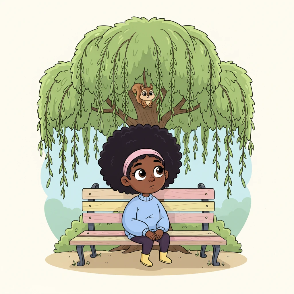 Amara sits on a whimsically shaped park bench under a grand, weeping willow tree, its branches curving gently around her like a comforting hug. Her expression is pensive, her large eyes gazing into the distance as if lost in thought. A tiny, friendly squirrel peeks out from behind the tree, a silent, playful observer.