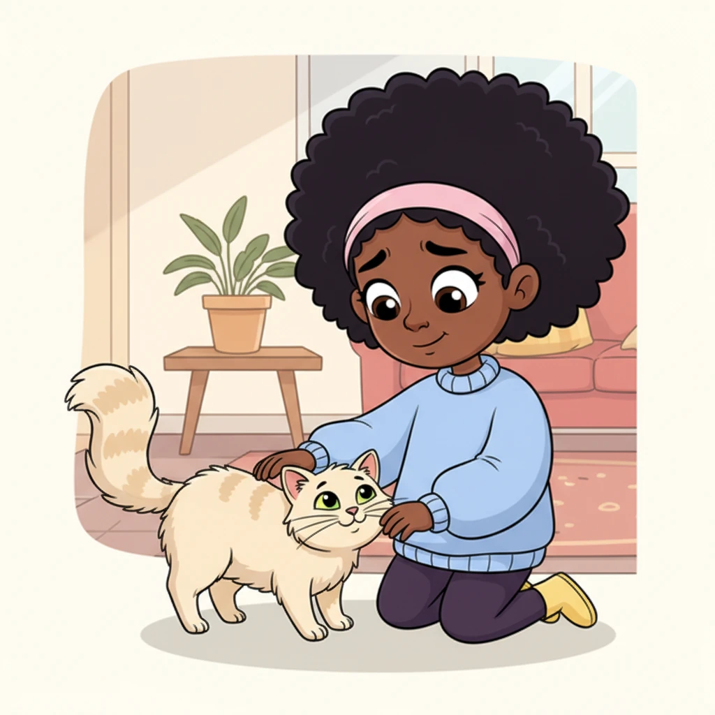 Amara finds solace in a fluffy, friendly-looking cat that rubs against her legs, purring softly. She gently pets the cat, a tiny, almost imperceptible smile beginning to form on her lips, hinting at a glimmer of comfort and connection. The cat's exaggerated, happy tail wags gently.