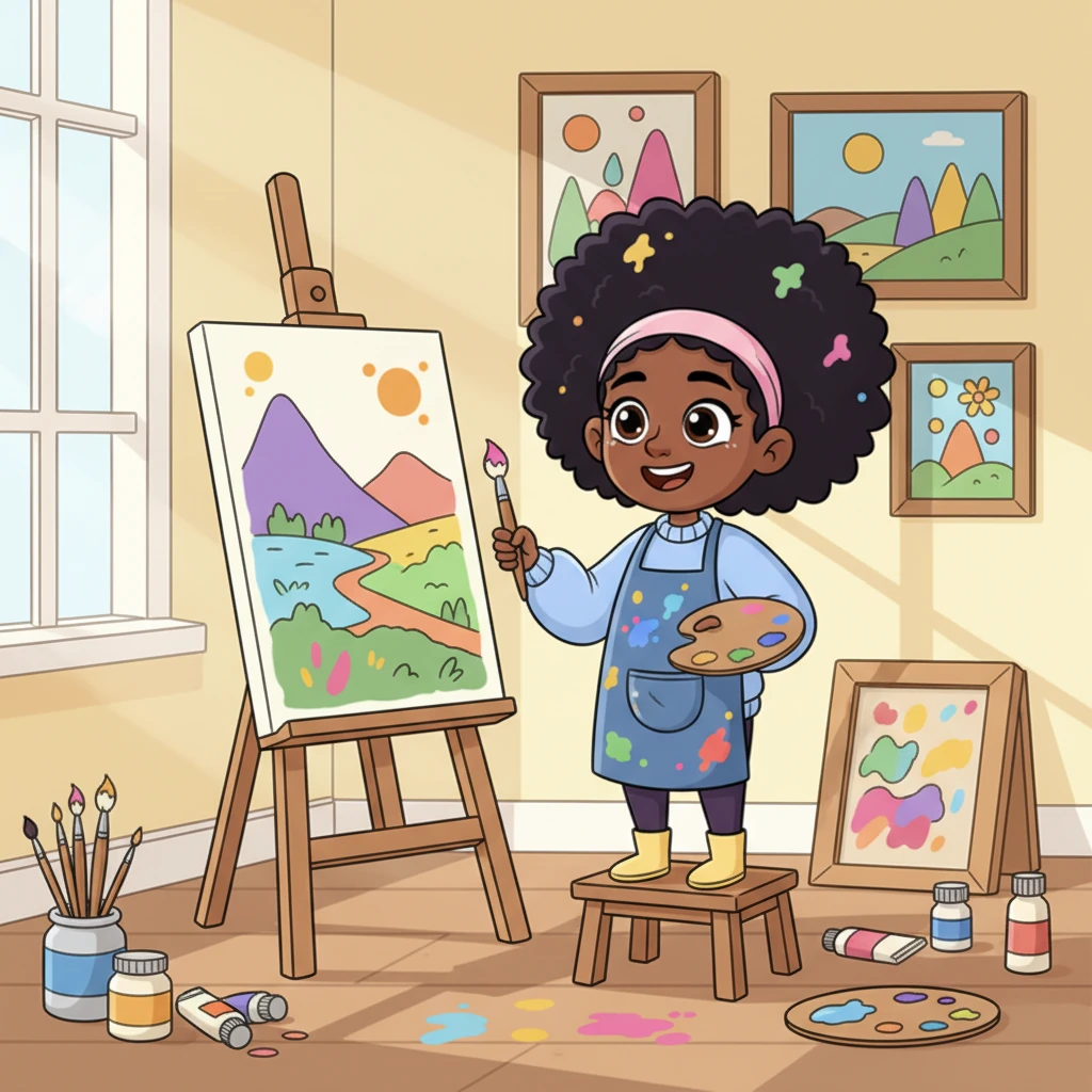 Amara is now seen in a cheerful, pastel-colored art studio, enthusiastically painting on a large canvas. Splashes of bright, exaggerated paint adorn her apron and hair, adding to the playful chaos. Her focused expression shows a budding sense of purpose and joy in creation.