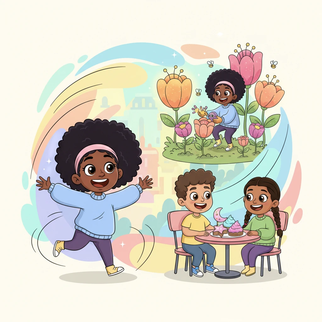 Amara is surrounded by a whirlwind of vibrant activities: dancing with joyful abandon, laughing with new friends over whimsical pastries, and tending to a garden filled with oversized, glowing flowers. Her confidence shines through, her movements dynamic and free. The scene bursts with renewed energy and happiness.